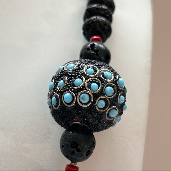 Statement Black Lava Bead Turquoise Coral Necklace - Picture 9 of 13
